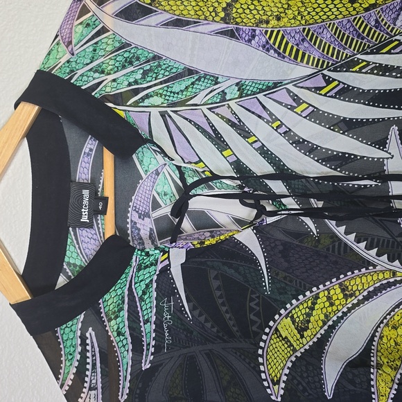 Just Cavalli Black Blouse with Green and Purple Tropical Print Front Tie Size 40 - Picture 2 of 10